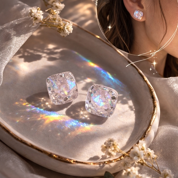 Hand Crafted Jewelry - Iridescent resin Square Stud Earrings